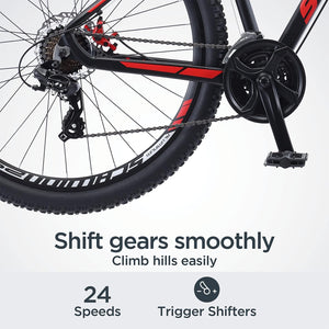 Schwinn Bonafide Men and Women Mountain Bike, Front Suspension, 24-Speed, 29-Inch Wheels, 17-Inch Aluminum Frame, Matte Black/Red