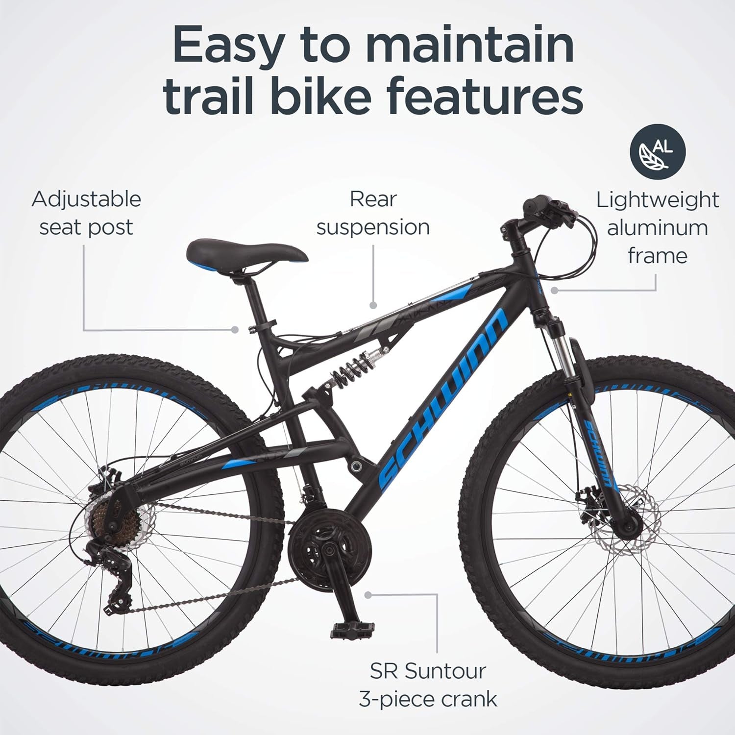 Schwinn S29 Mens and Womens Mountain Bike, 29-Inch Wheels, Aluminum Frame, Dual-Suspension, Mechanical Disc Brakes