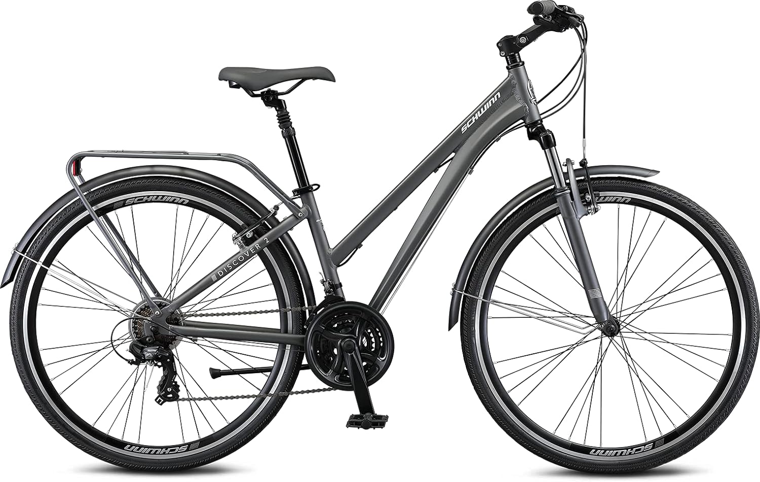 Schwinn Discover Adult Hybrid Bike for Men and Women, 700c Wheels, 21-Speeds, Step-Through or Step-Over Frame, Front and Rear Fenders, Rear Cargo Rack