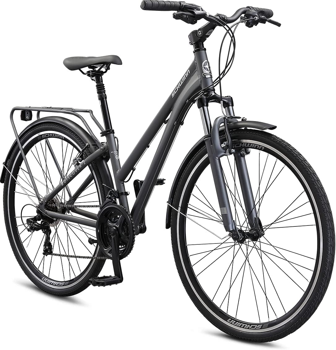 Schwinn Discover Adult Hybrid Bike for Men and Women, 700c Wheels, 21-Speeds, Step-Through or Step-Over Frame, Front and Rear Fenders, Rear Cargo Rack