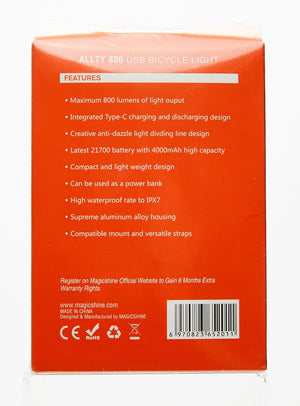 Magicshine Allty Bike Lights Allty 400,Allty 800 Road Bike Light, USB Type-C Rechargeable, IPX7 Waterproof LED Bike Light for Road, Urban Cyclists